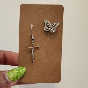 Silver Cross and Butterfly Earring Set - Silver